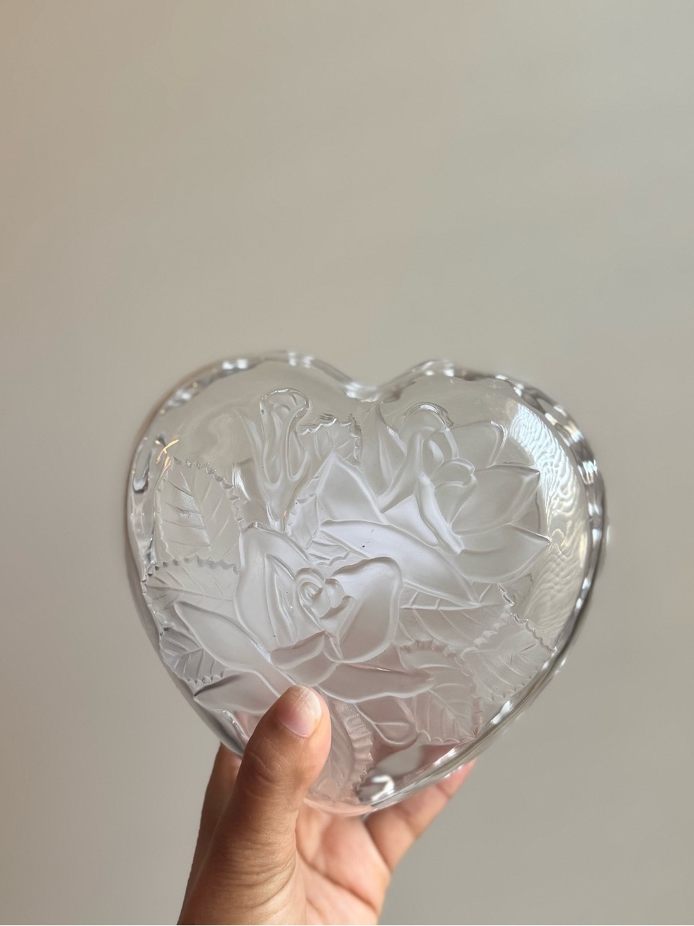 Clear Heart-Shaped Glass Decorative Dish with Rose Motif